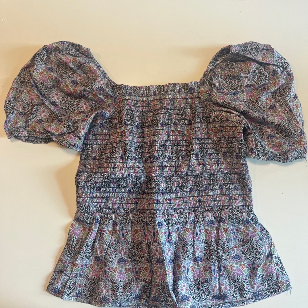 J. Crew Purple Floral Smocked Puff Sleeve Top